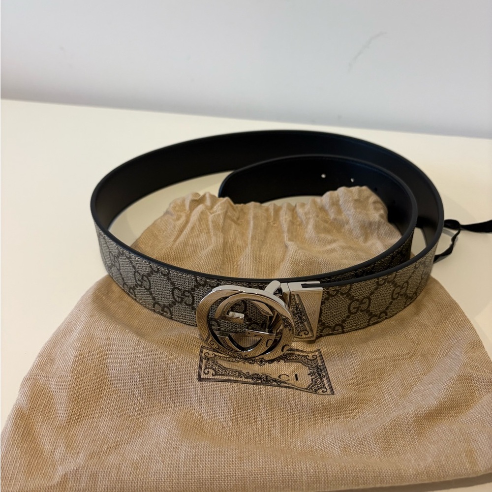 Men’s Gucci Monogram Brown Belt with Silver GG Buckle